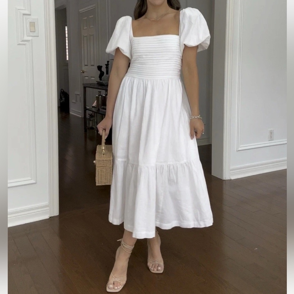 Abercrombie & Fitch White Puff Sleeve Midi Dress